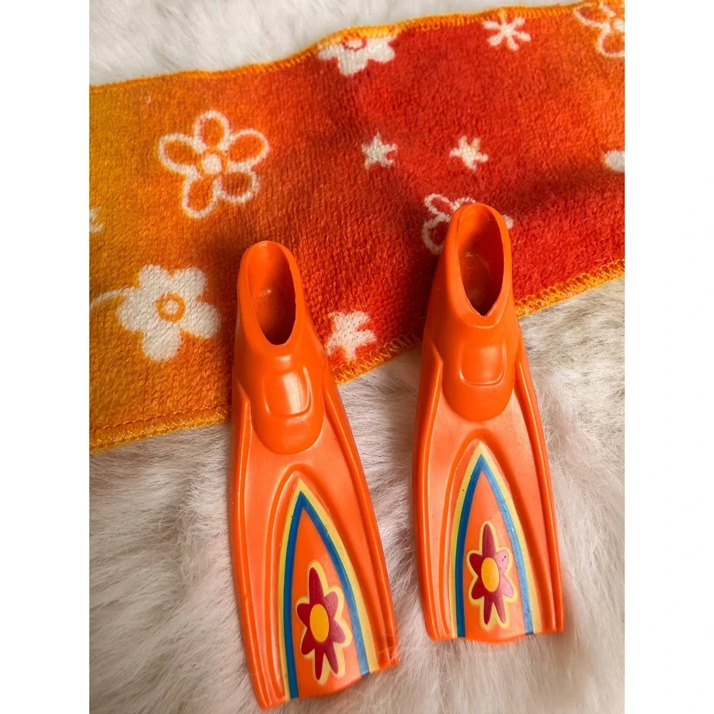 Vintage 90's Doll Beach Accessories Orange Floral Towel Swim Fins Flippers Set